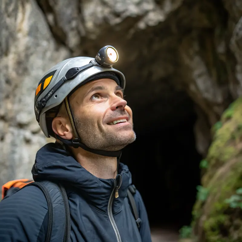 Shaun Mangold wearing caving helmet and headlamp smiling at cave entrance