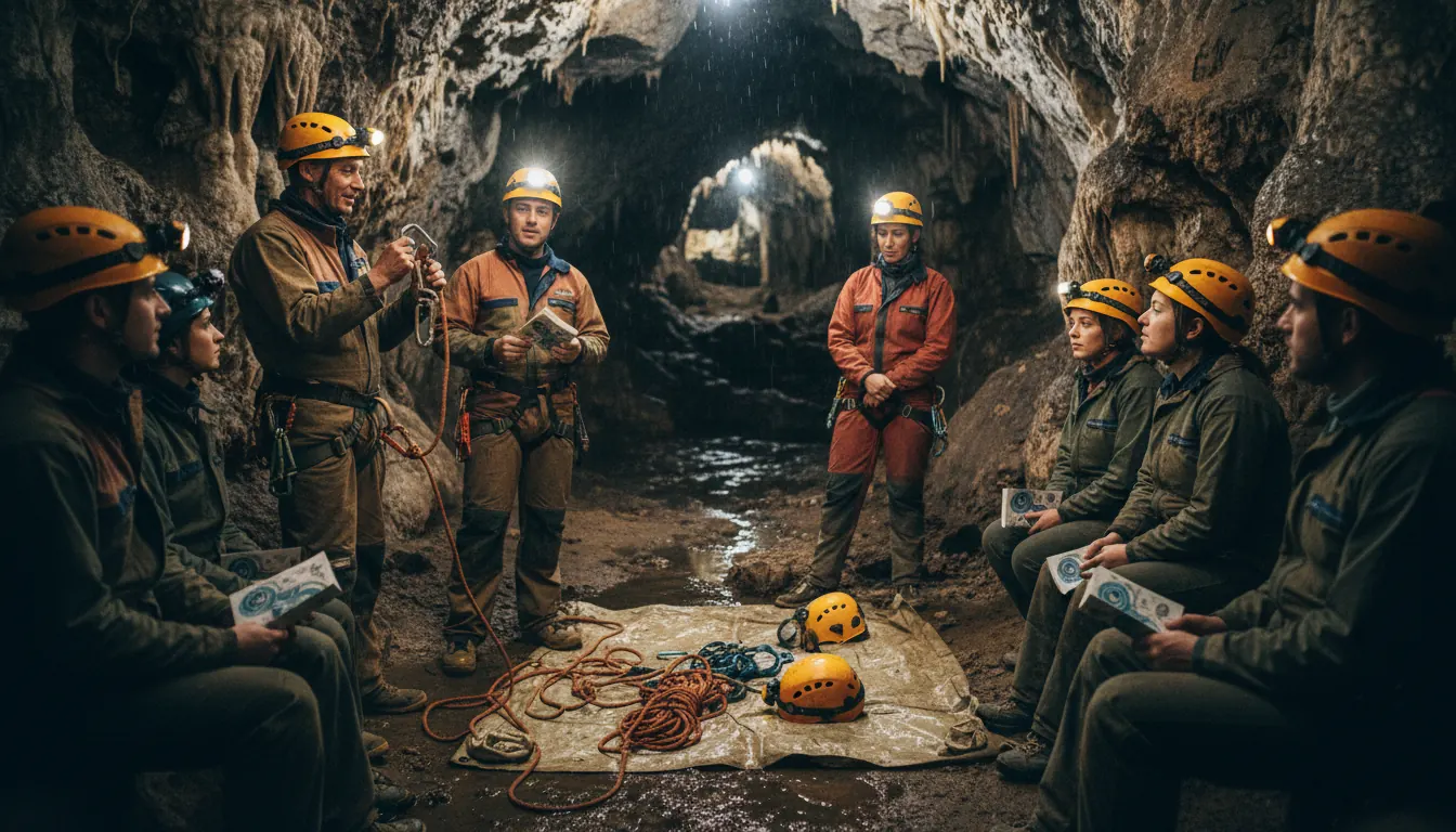 New members receiving safety briefing and equipment introduction at grotto meeting