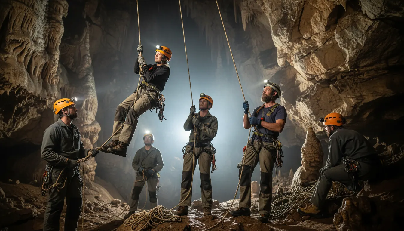 Small team of novice cavers practicing rope techniques under instructor supervision