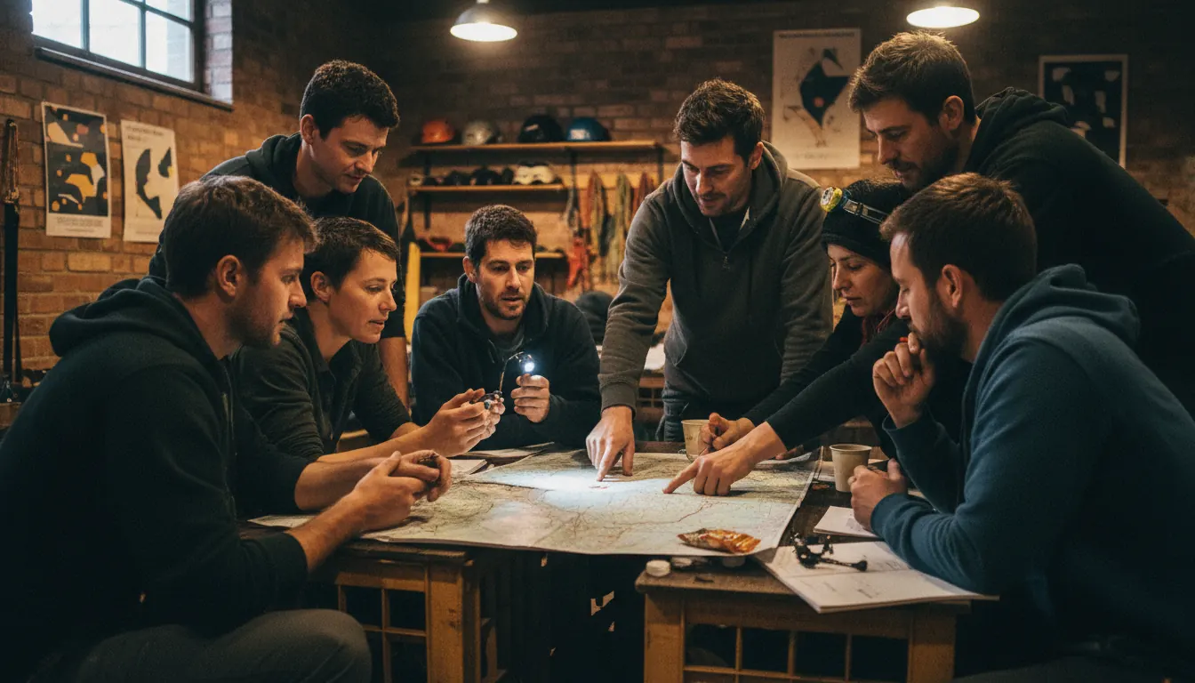 Group of cavers gathered around a map during a grotto meeting