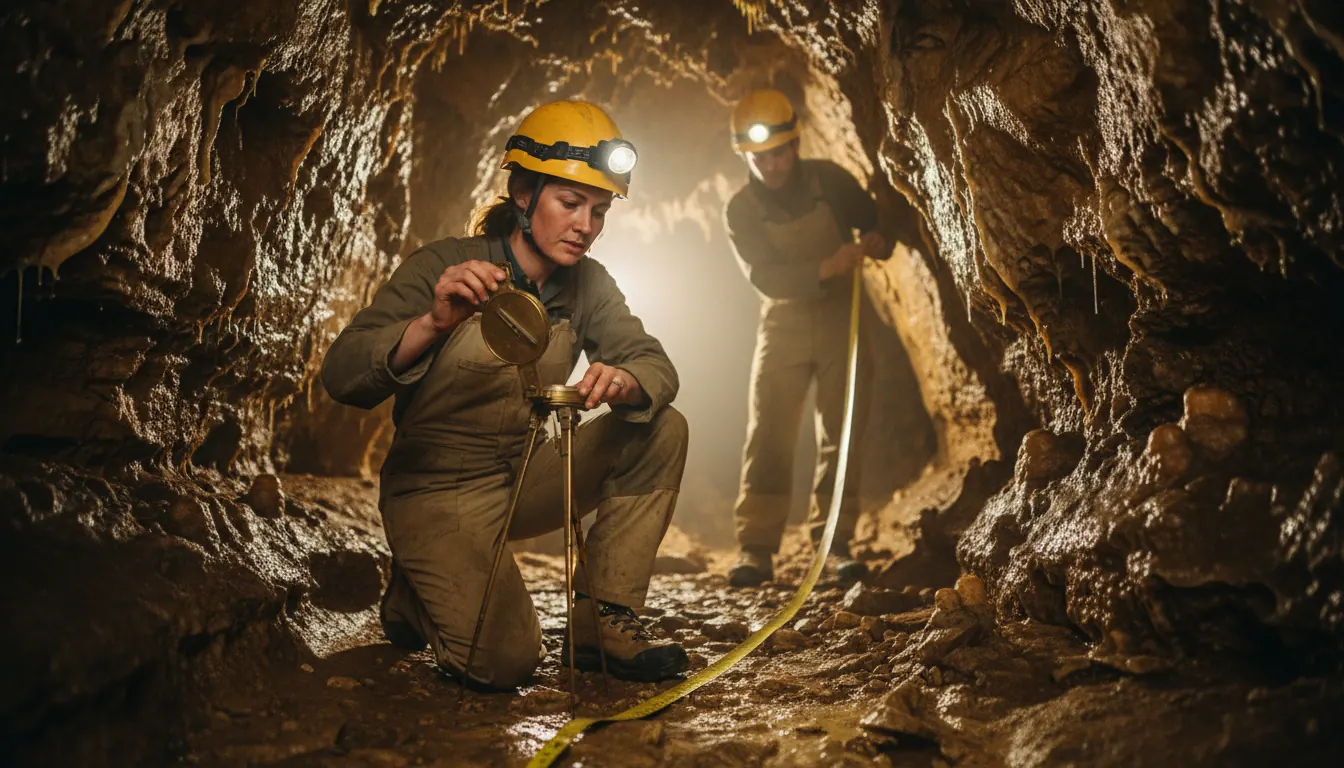 Surveyor recording precise measurements in cave passage using compass and measuring tape