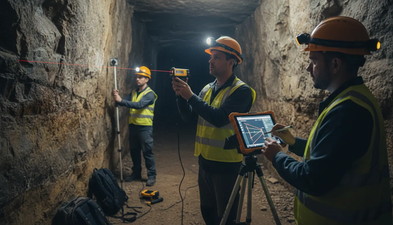 Survey crew measuring passage dimensions with laser distance meter and recording data