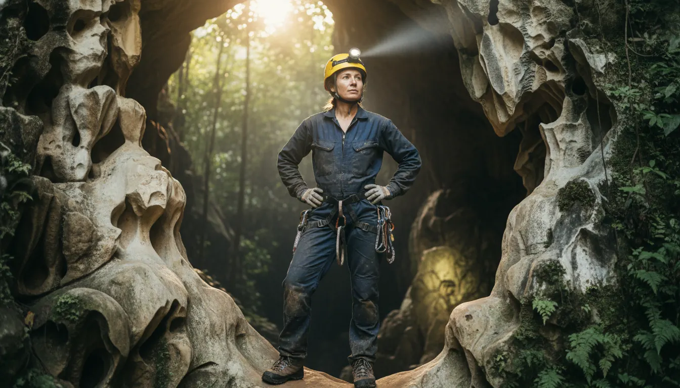 Caver wearing helmet with headlamp standing at limestone cave entrance