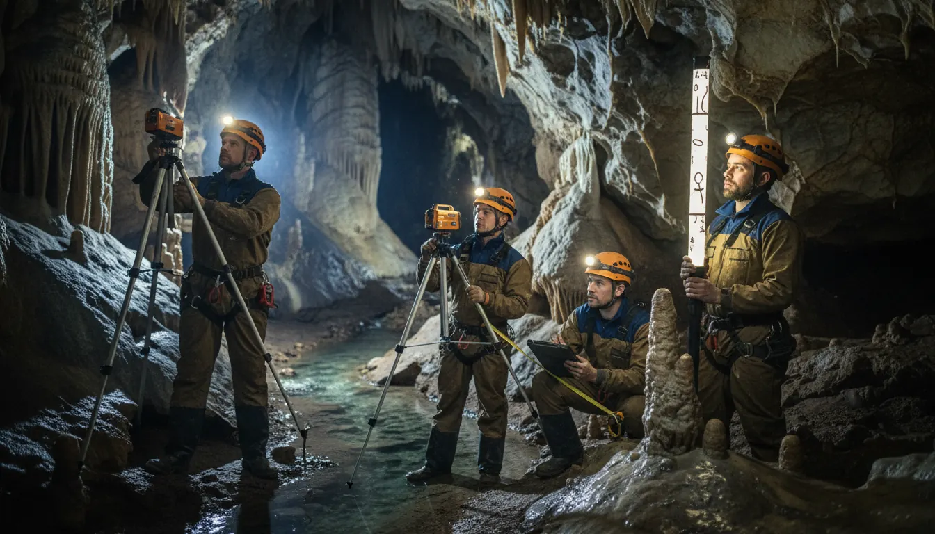 Team of cavers using survey equipment and measuring tools inside underground cave passage