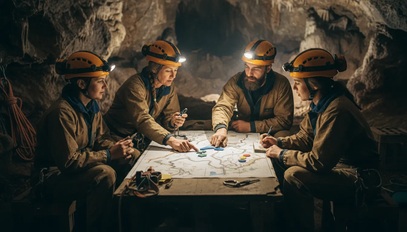 Group of cavers working together to plan route through cave system at base camp