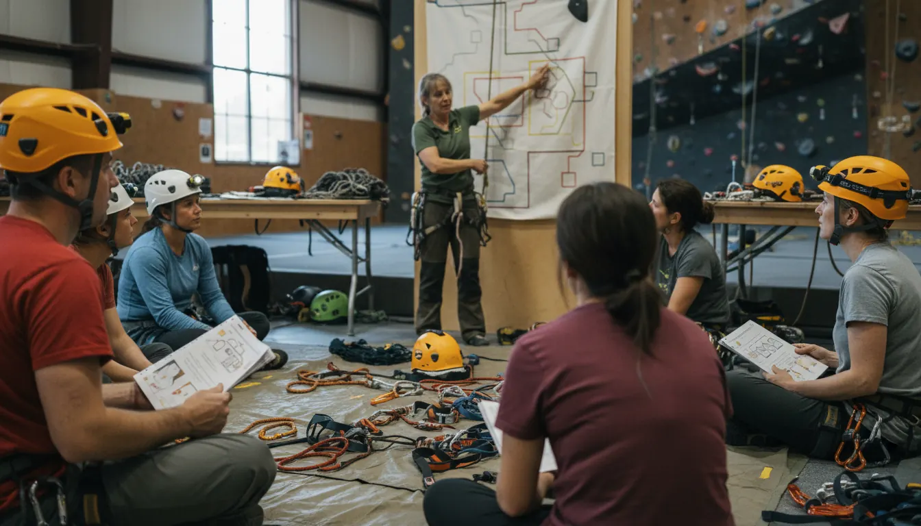 NSS members attending safety training workshop with instructional materials and climbing gear